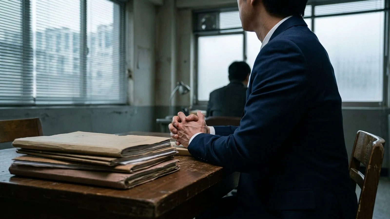 어두운 목재 책상 위에 두껍게 쌓인 서류철과 초조하게 손을 모으고 있는 정장 차림 인물의 모습.