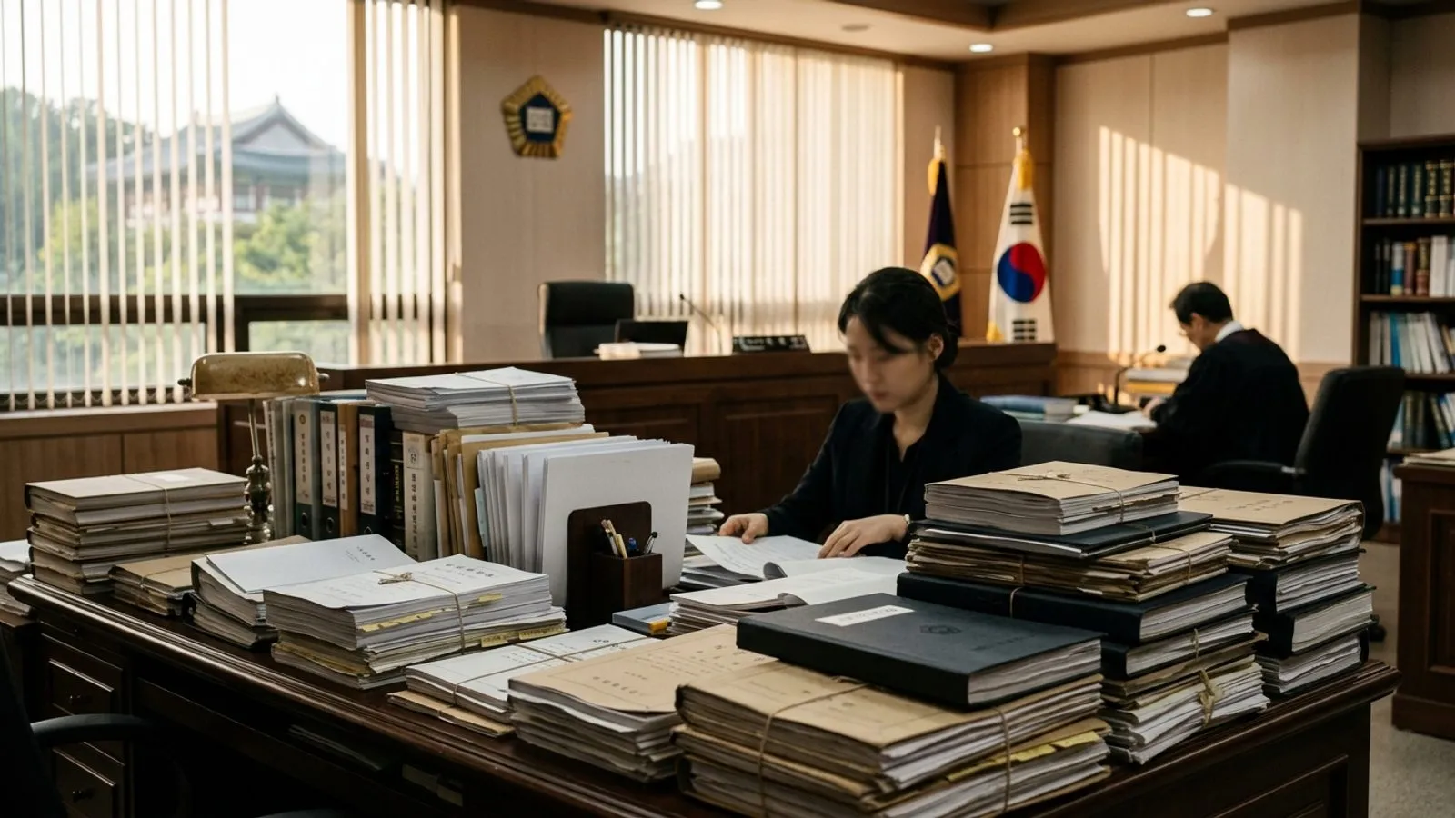 법원 사무실 책상 위에 두껍게 쌓여 있는 소송 서류 뭉치와 창문으로 스며드는 자연광