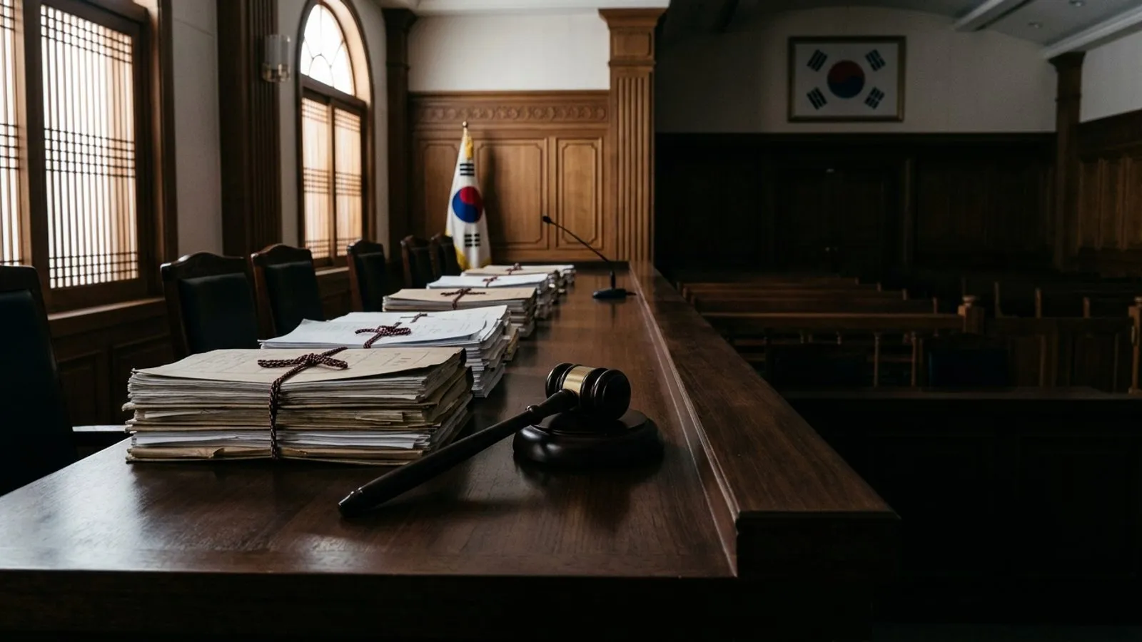 두꺼운 소송 기록 서류와 법봉이 놓여 있는 엄숙한 분위기의 법정 내부