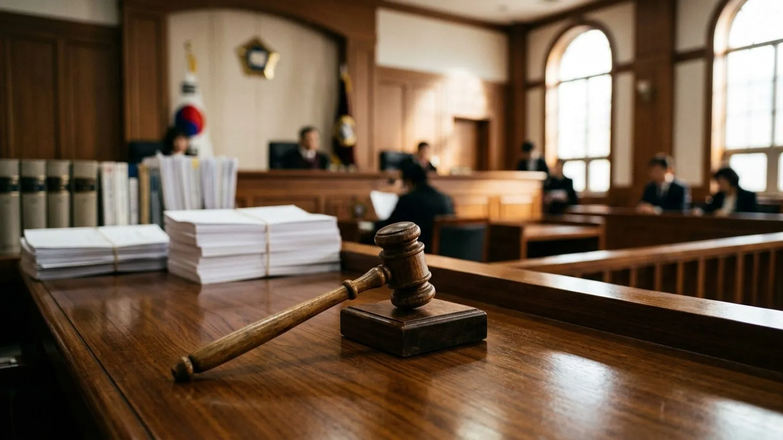 법원 법정의 짙은 원목 판사석 위에 놓인 법봉과 흐릿하게 보이는 서류철들