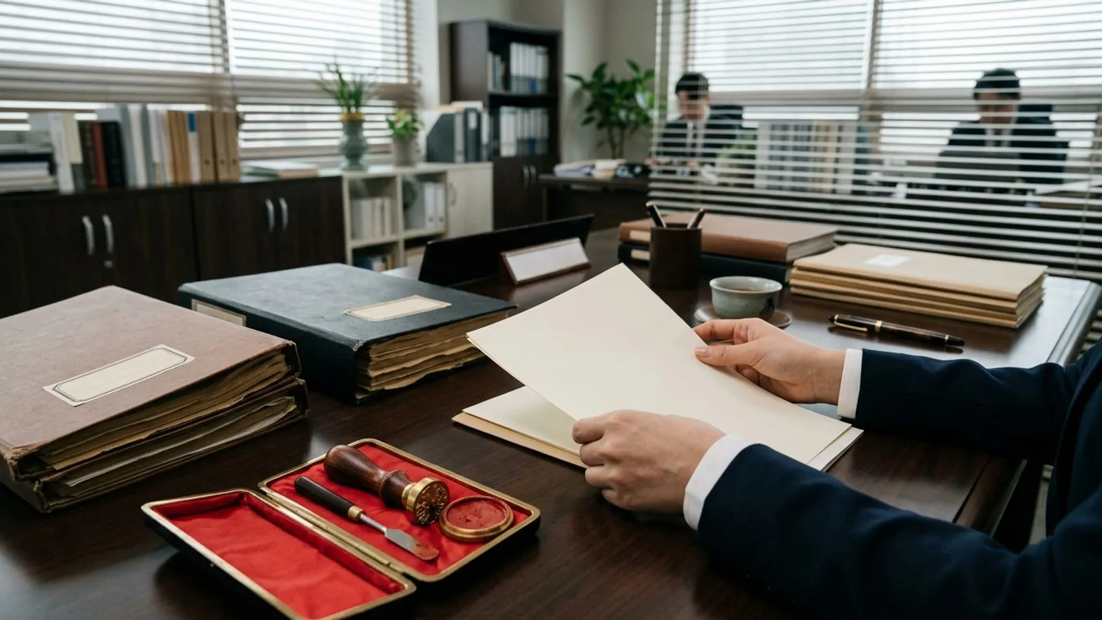 원목 책상 위에 정갈하게 놓인 서류철과 공증 도장, 업무를 처리하는 손을 담은 모습