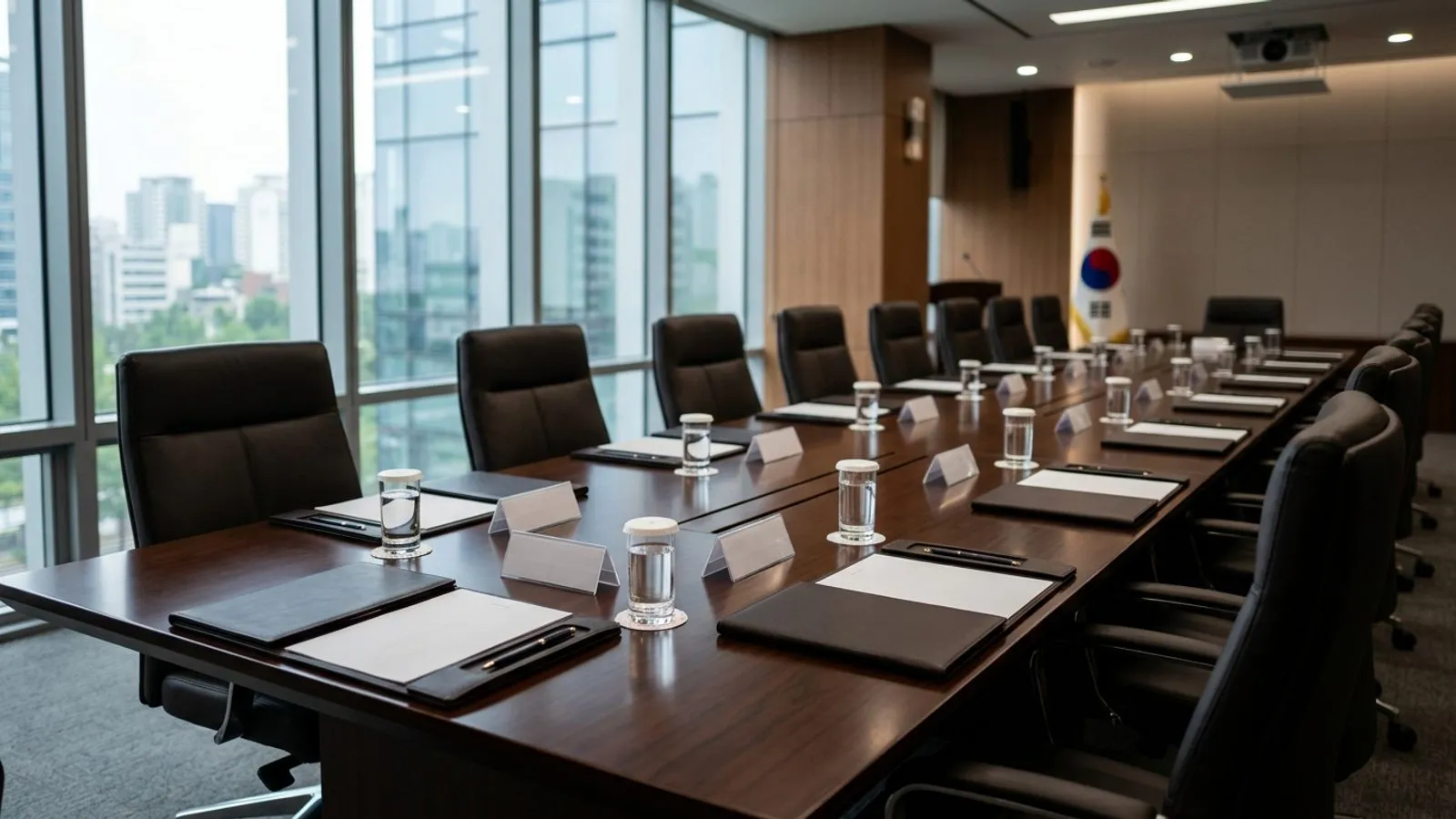 정부 위원회 회의실의 단정한 원목 테이블 위에 서류철과 물잔이 정갈하게 놓여 있는 모습
