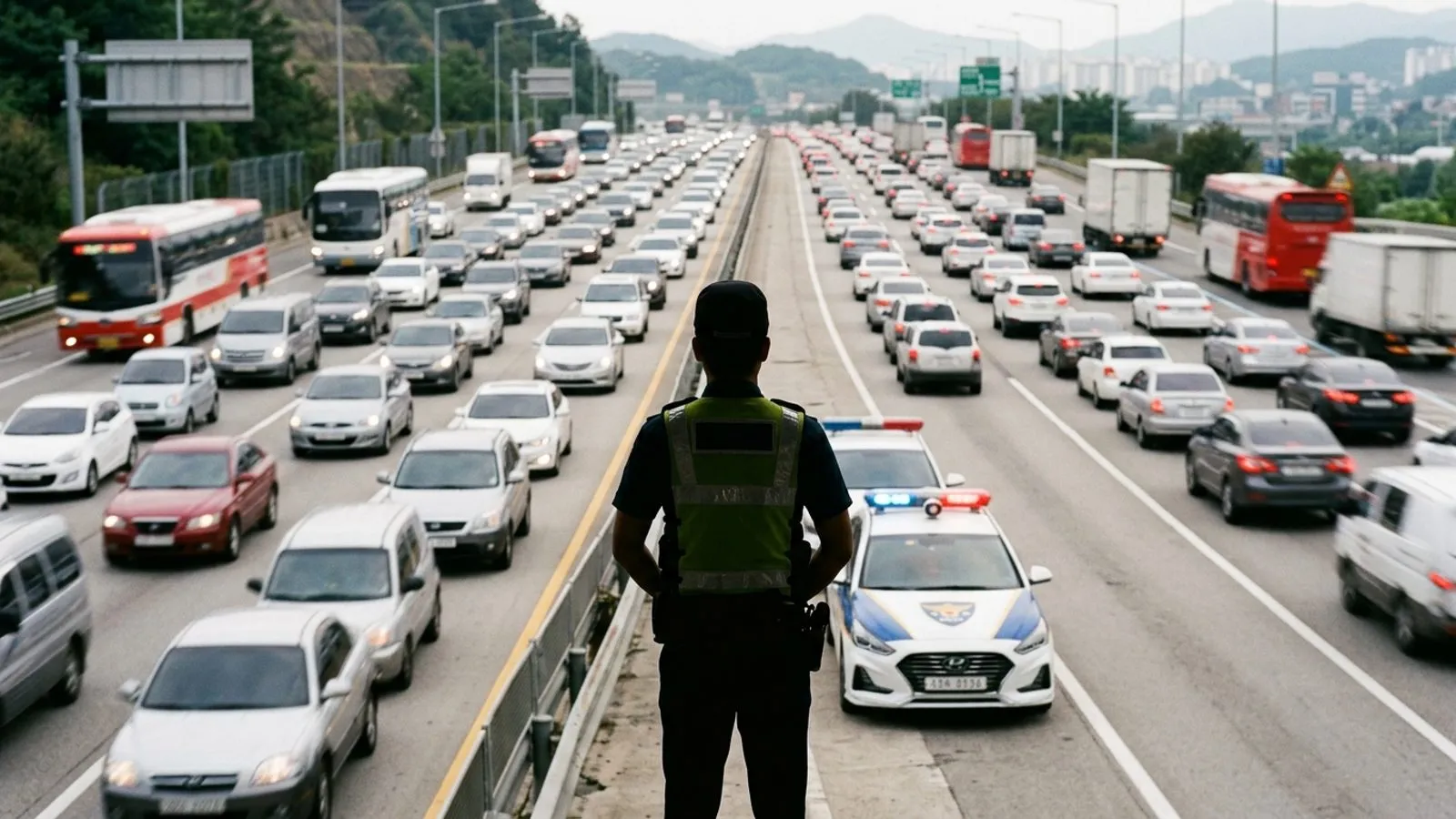 명절 연휴 차량이 몰리는 고속도로를 내려다보며 교통 상황을 점검하는 경찰관의 뒷모습.