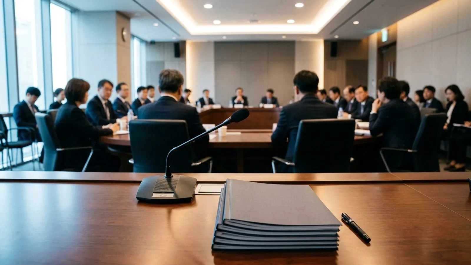 학술 세미나 회의실 탁자 위에 놓인 마이크와 서류철, 그리고 그 뒤로 흐리게 보이는 참석자들의 모습