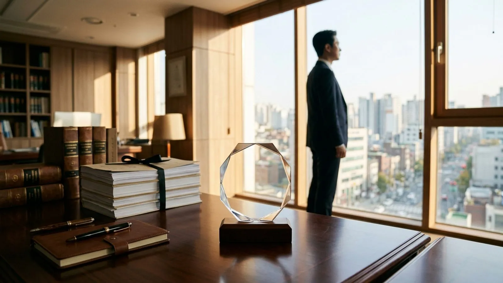 단정한 로펌 사무실 책상 위에 놓인 상패와 법률 서류철, 그리고 창가에 서 있는 변호사의 뒷모습.