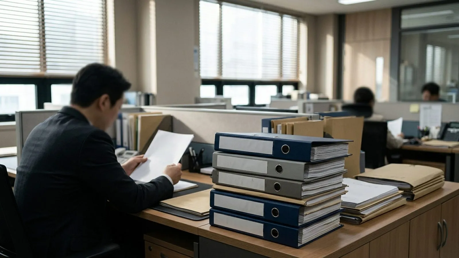 경찰 수사 사무실 책상에 가지런히 쌓인 사건 기록 서류철과 이를 검토하는 수사관의 뒷모습.