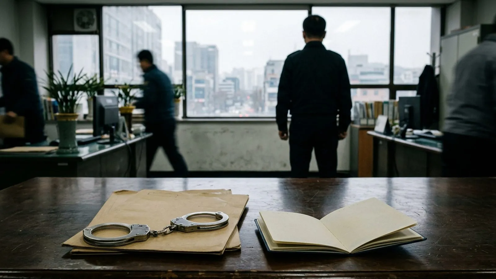 어두운 원목 책상 위에 놓인 수갑과 서류철 너머로 창밖을 바라보는 경찰관의 뒷모습 실루엣