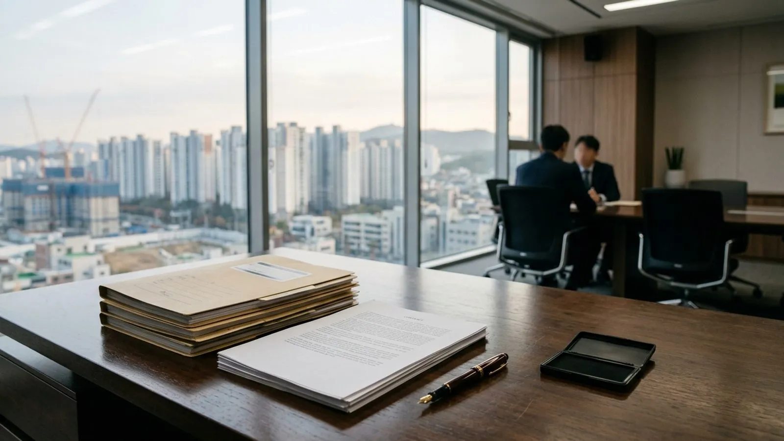 법률 계약 서류와 펜이 놓인 책상 너머로 아파트 단지가 흐리게 보이는 사무실 실내 풍경