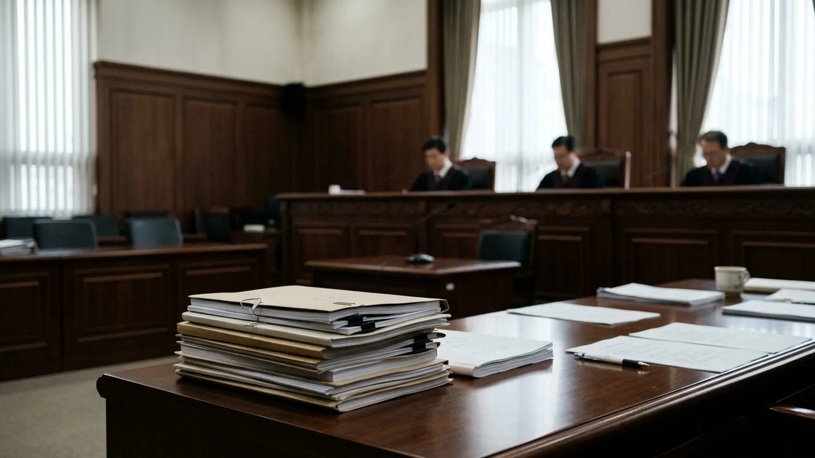 은은한 자연광이 비치는 법정 내부와 책상 위에 정돈되어 놓인 사건 기록철의 모습.