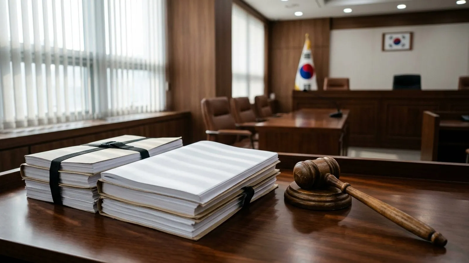 자연광이 들어오는 정적인 법정 책상 위에 서류철과 법봉이 정갈하게 놓여 있는 모습.