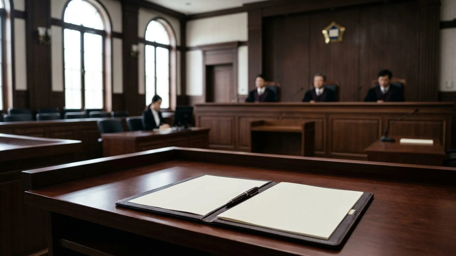 법정 내부의 짙은 원목 책상 위에 놓인 법적 서류철과 만년필, 흐릿한 법대 배경