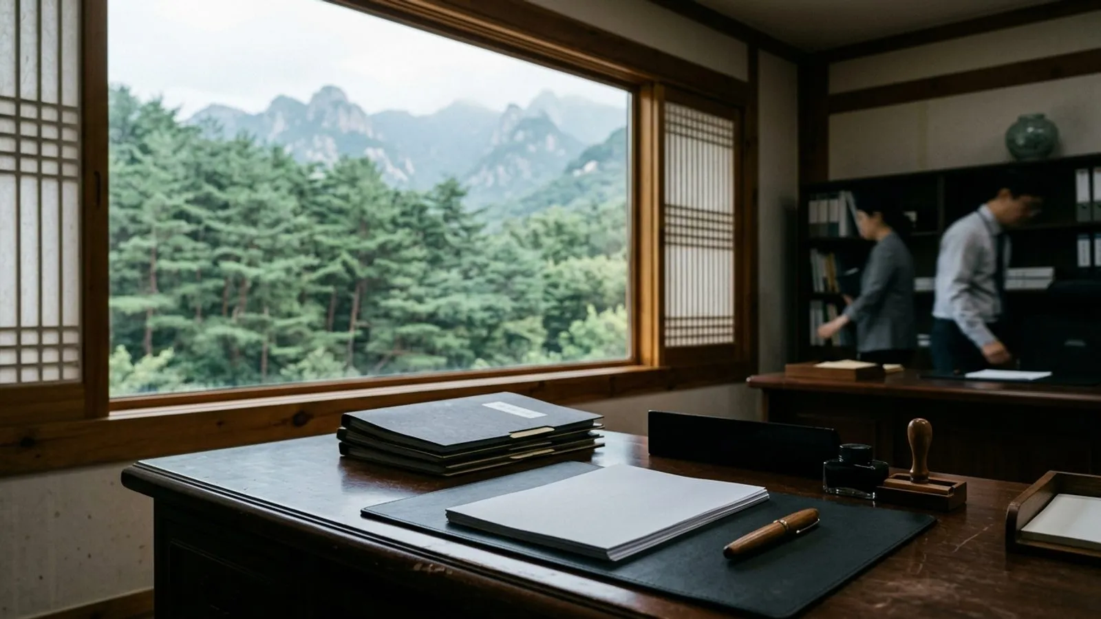 울창한 산림이 내다보이는 사무실 창가 책상 위에 정갈하게 놓인 서류철과 문서들.