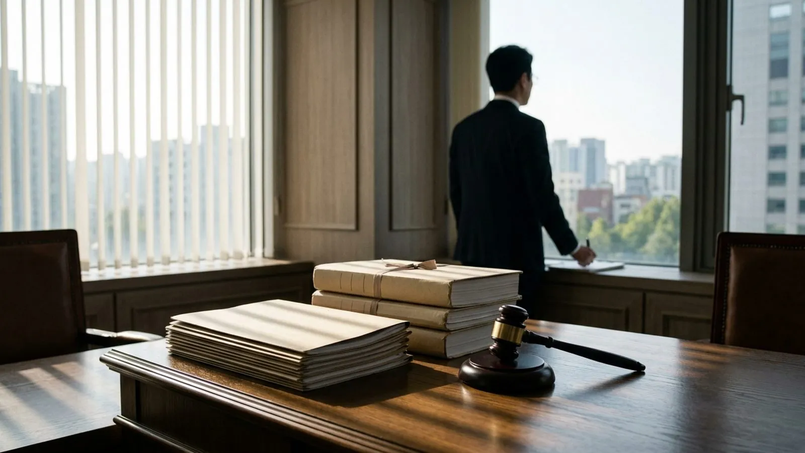 어두운 원목 책상 위에 정갈하게 쌓인 법률 서류철과 법봉, 창문으로 들어오는 자연광