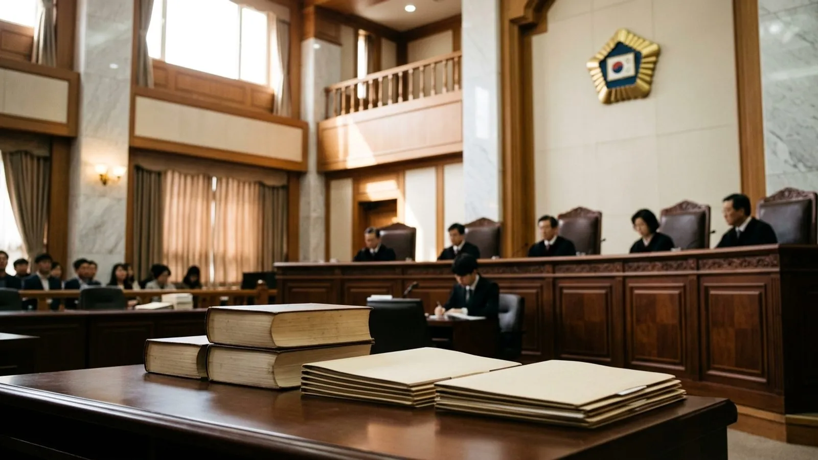 엄숙한 분위기의 법정 내부 책상에 법률 서류철이 놓여 있고 배경으로 재판관석이 보이는 모습