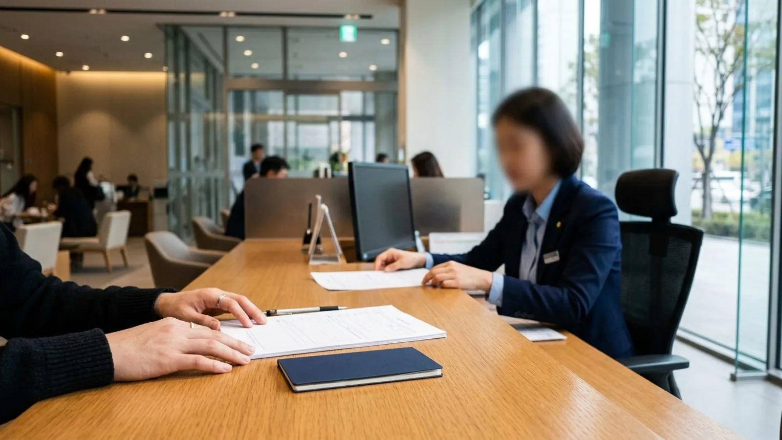 은행 창구 데스크 위에 놓인 서류와 통장, 상담을 기다리는 고객의 손이 보이는 모습