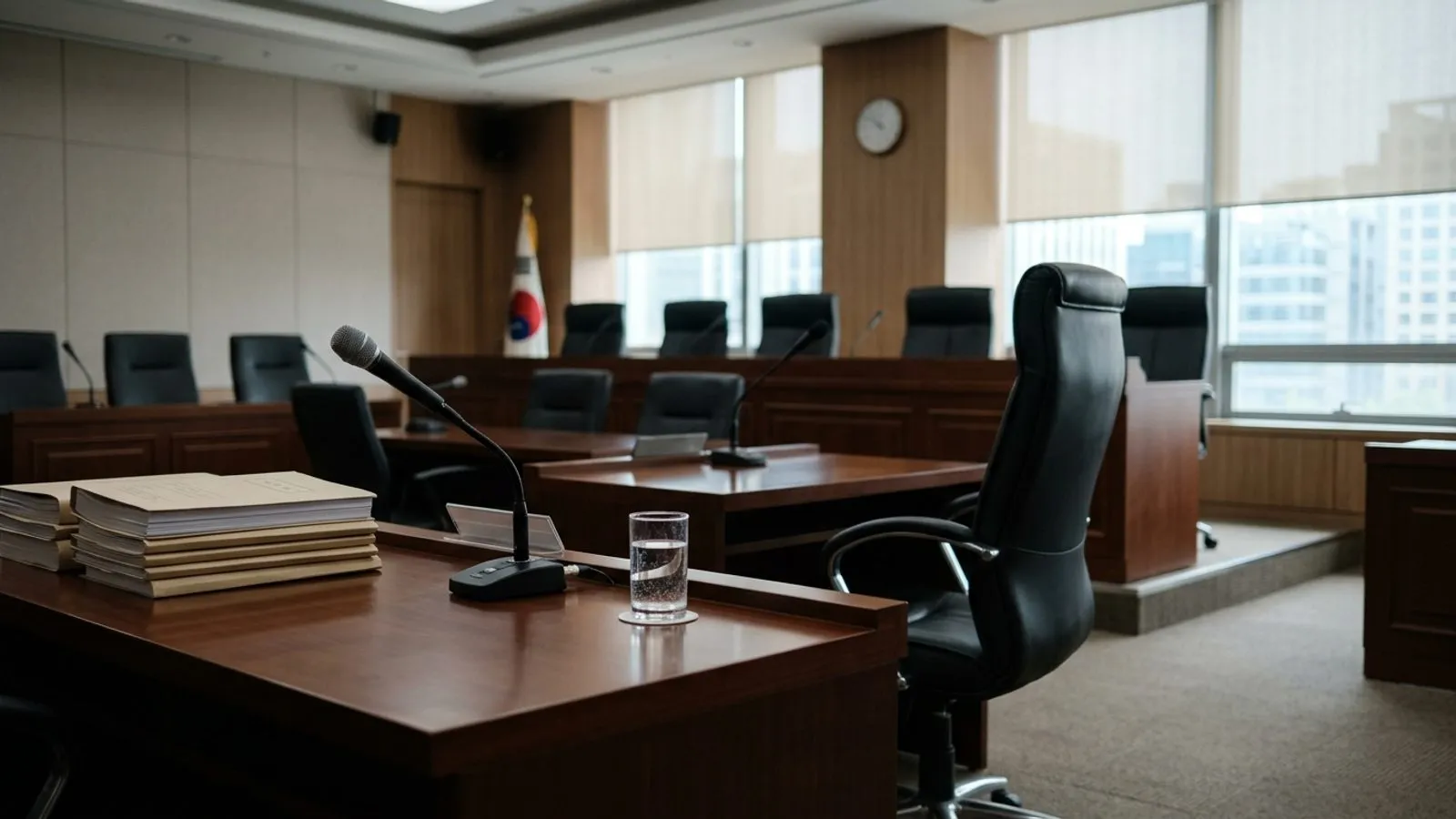 정부 청사 회의실 책상 위에 놓인 두꺼운 서류철과 마이크, 주재자 없는 빈 좌석