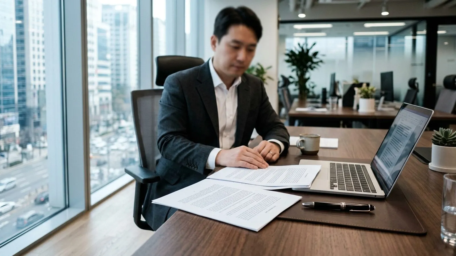 사무실 책상 위에 펼쳐진 검토용 계약서 서류와 노트북, 펜이 놓여 있는 모습