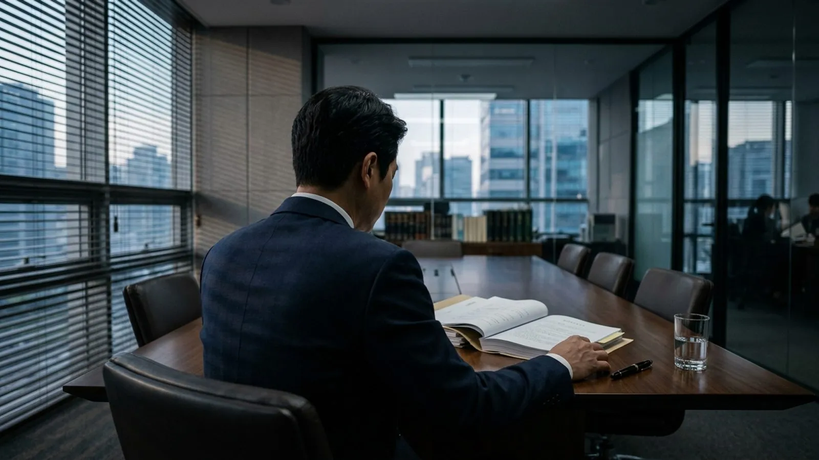 회의실 탁자 위에 놓인 계약서 서류와 만년필, 그 너머로 보이는 정장 차림 인물의 뒷모습