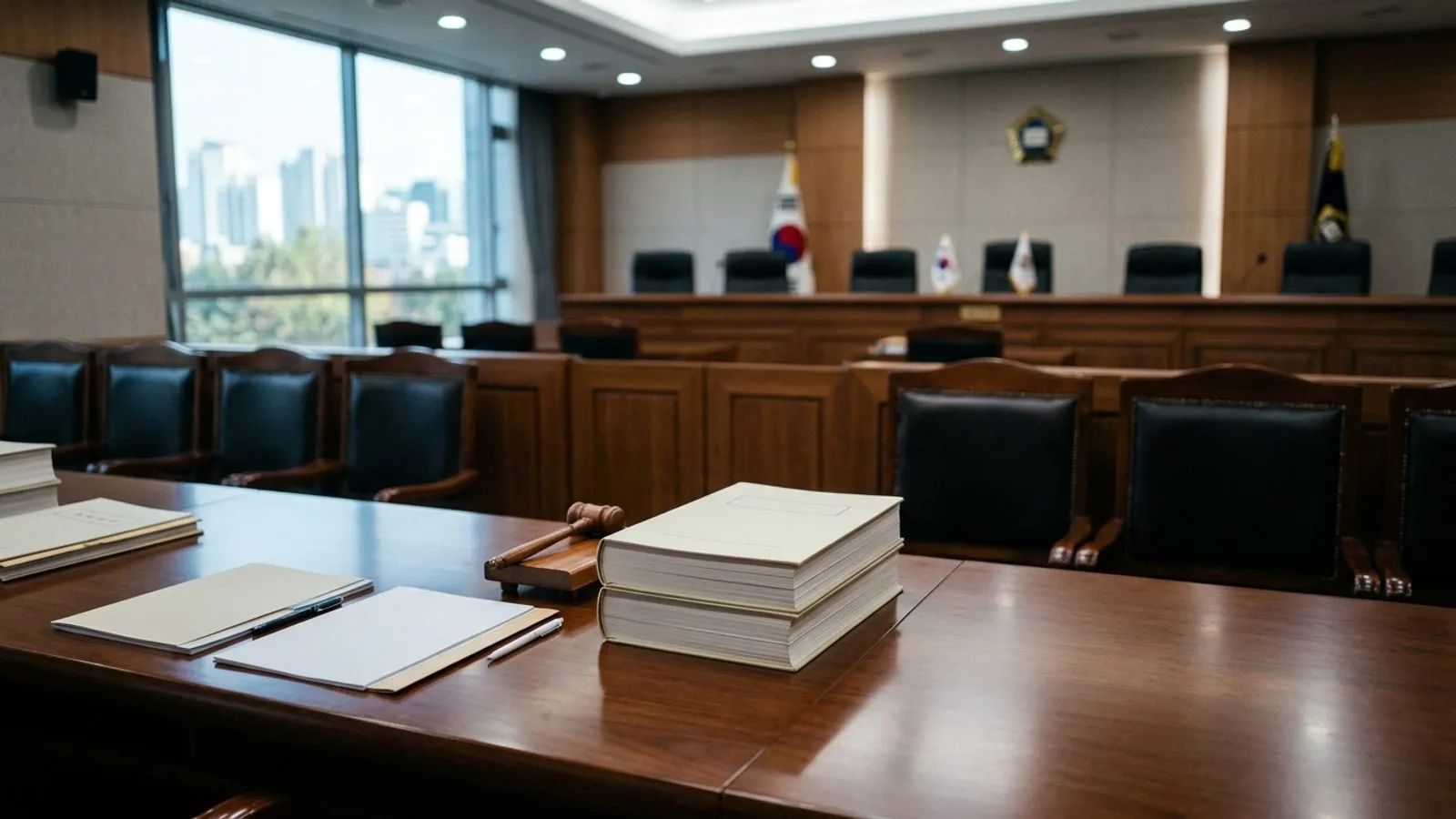 회의실 원목 탁자 위에 서류철과 의사봉이 놓여 있고 뒤편으로 회의용 의자가 흐릿하게 보이는 모습