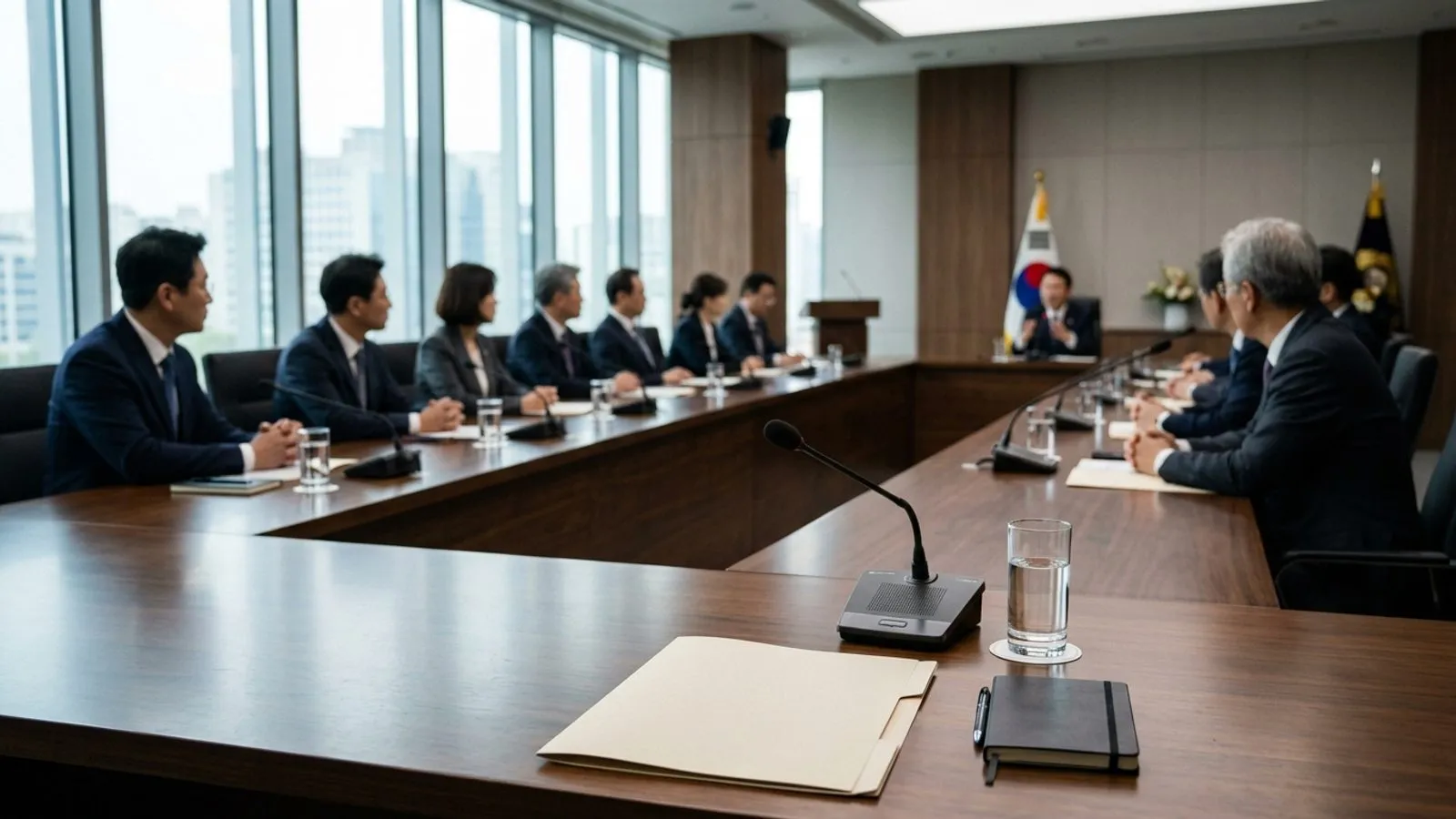 회의용 마이크와 서류철이 놓인 회의실 탁자 너머로 정장을 입은 참석자들이 마주 앉아 회의하는 모습
