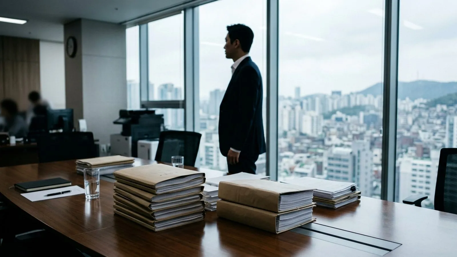 조사 서류철이 놓인 회의실 탁자와 창가에 서 있는 정장 차림 인물의 실루엣