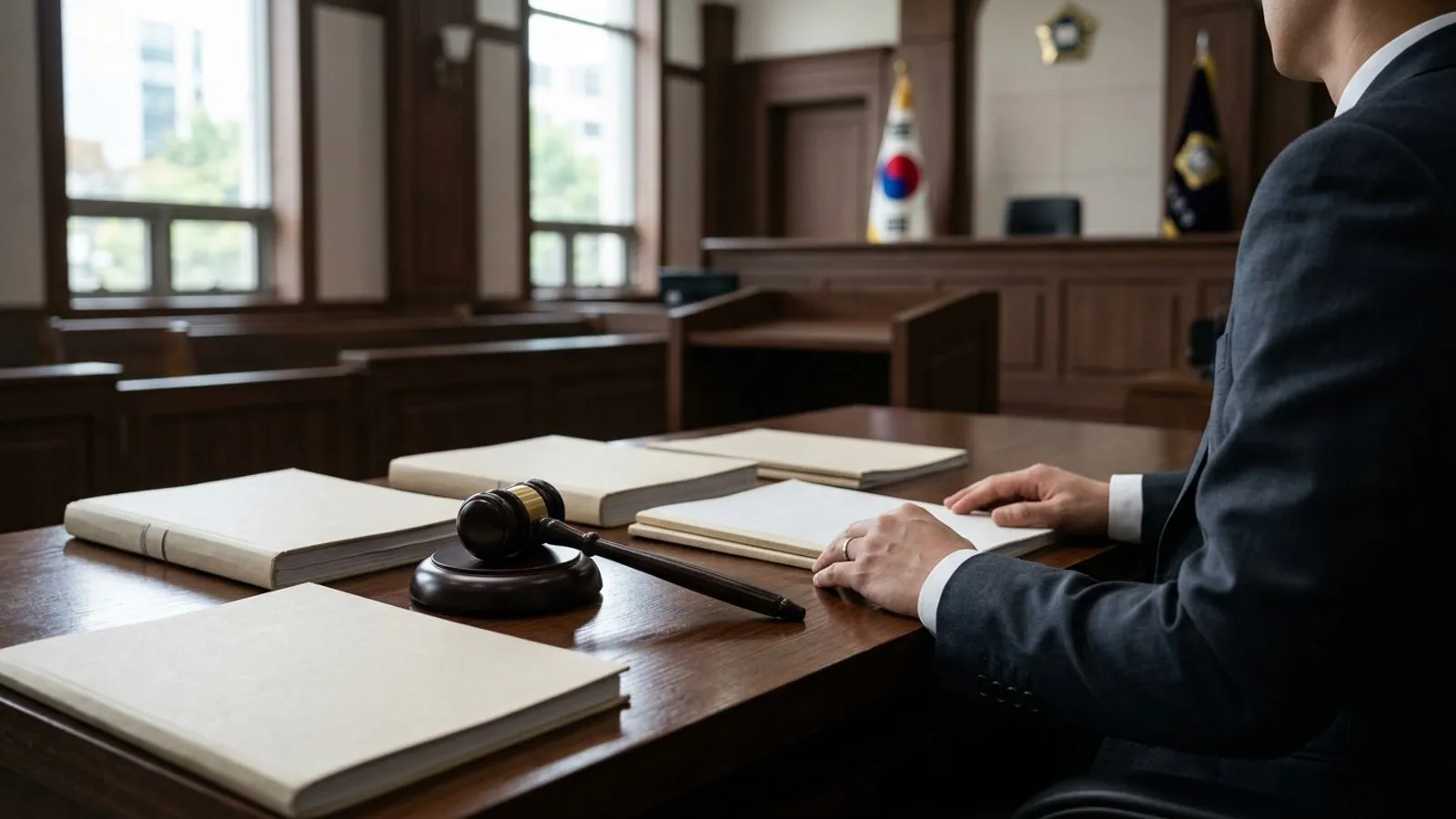 법원 재판정 책상 위에 가지런히 놓인 법률 서류와 목재 법봉의 모습