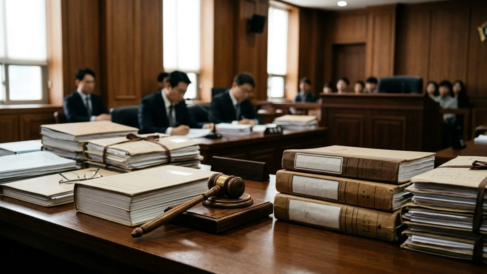 법정 내부 목재 책상 위에 가지런히 놓여 있는 소송 기록 서류와 판사봉