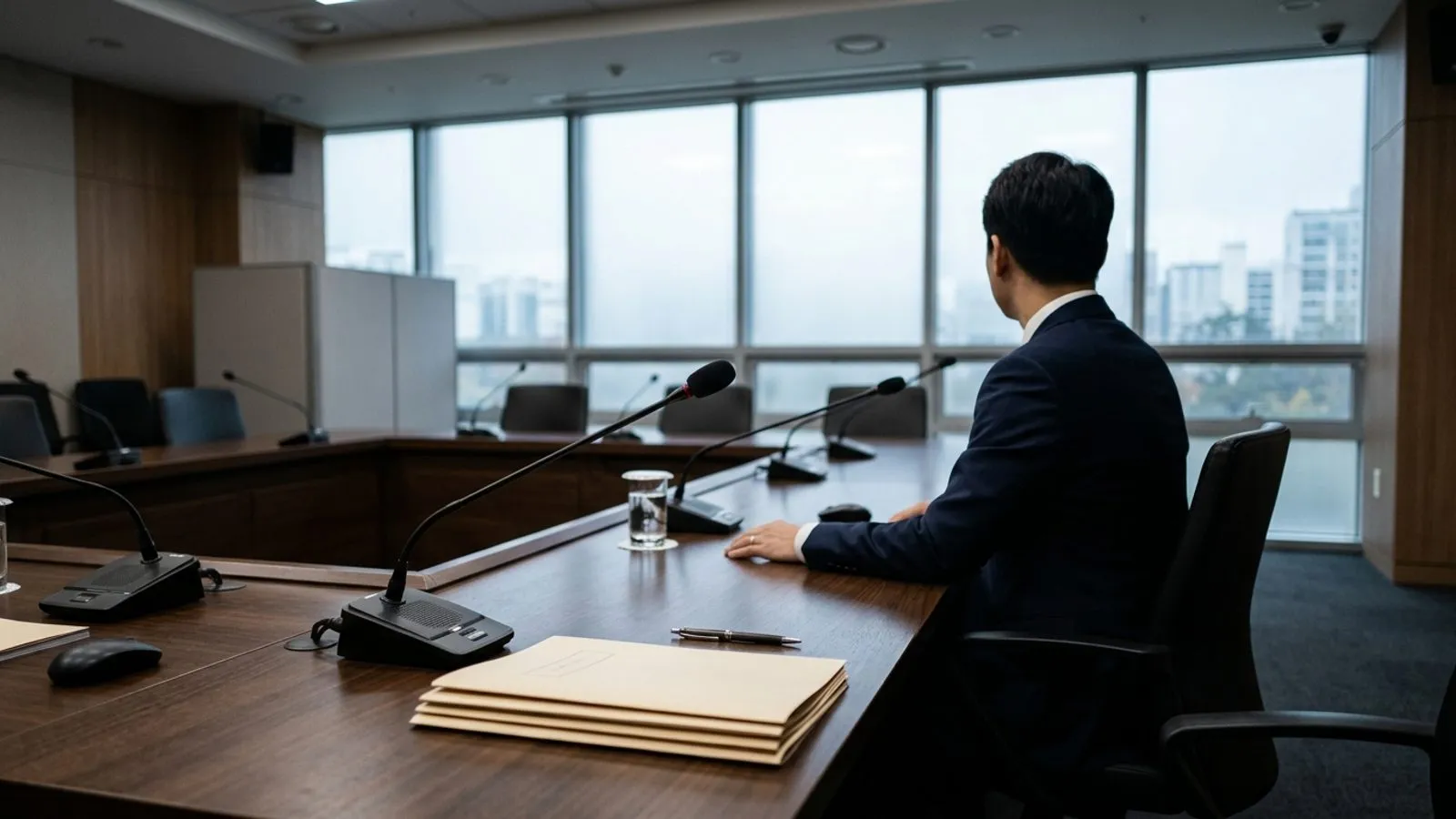 정부 회의실 회의용 탁자 위에 마이크와 서류철이 놓여 있고 뒷모습의 정장 차림 참석자가 흐리게 보이는 모습