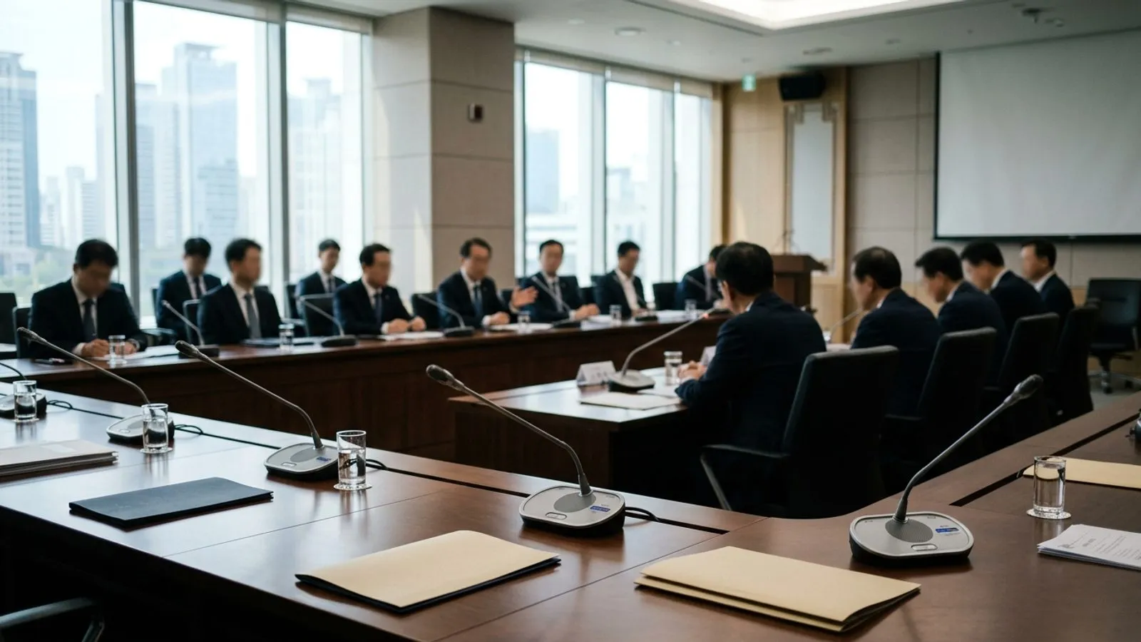 회의용 마이크와 서류가 놓인 단정한 회의실 테이블과 흐릿하게 보이는 참석자들의 모습
