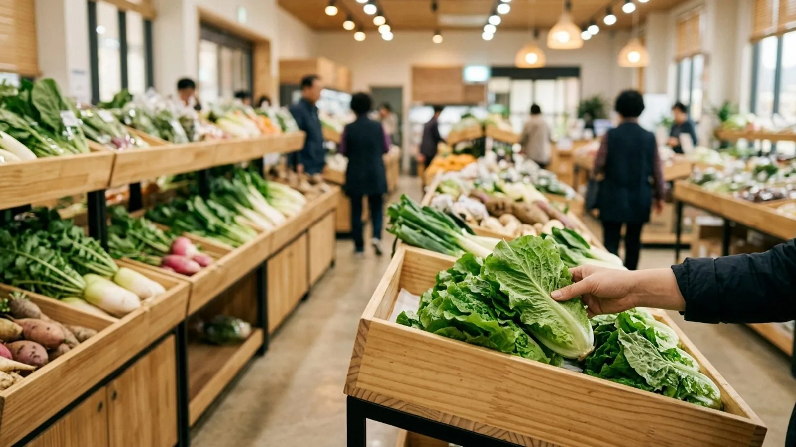 깔끔하게 정리된 농산물 직거래 매장의 진열대에서 신선한 채소를 살펴보는 손과 농산물들