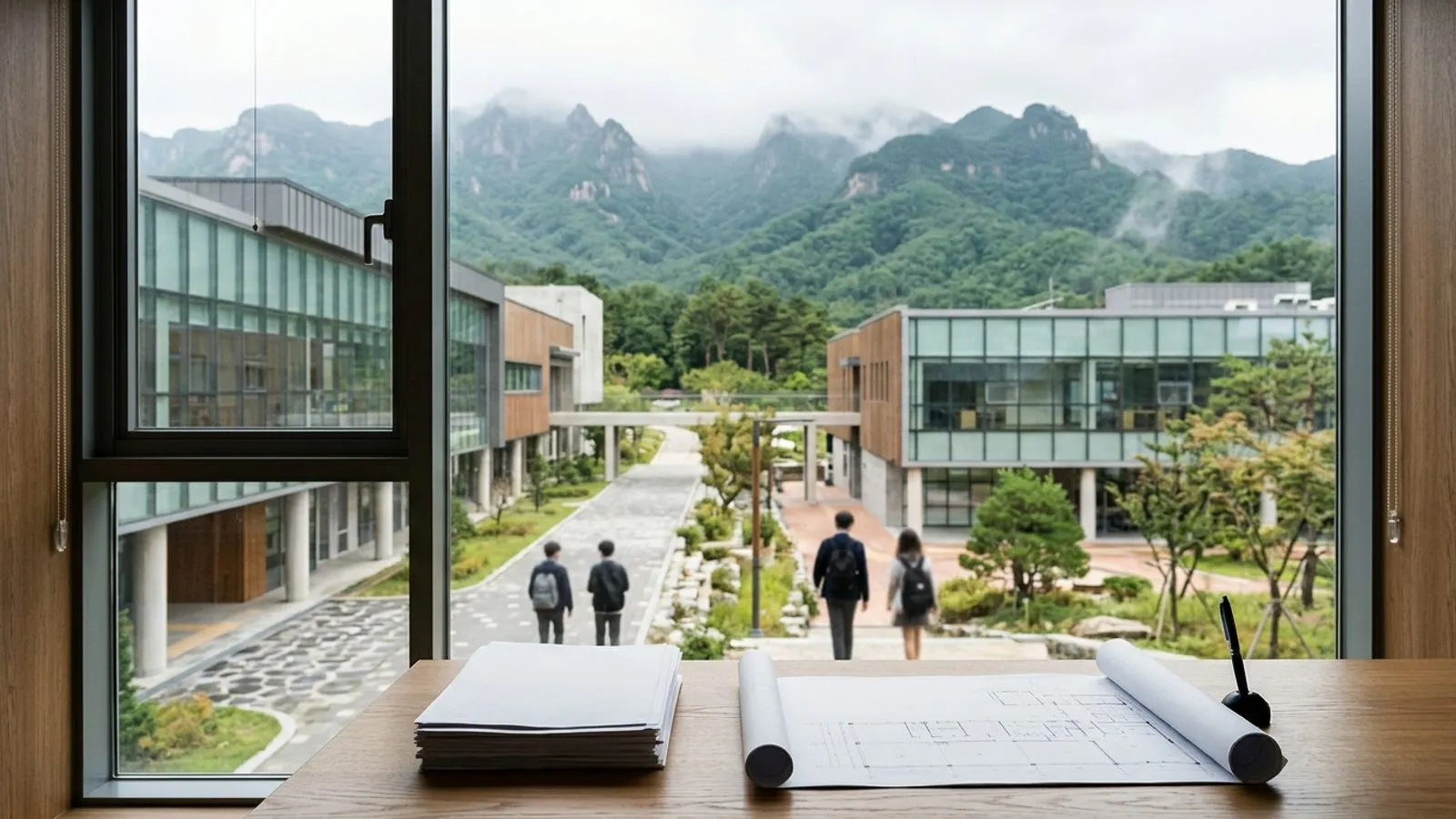 창밖으로 산을 배경으로 한 현대적인 학교 건물과 정원이 보이고 책상에 서류가 놓인 모습