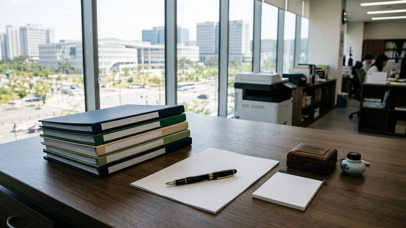 자연광이 드는 정부 청사 사무실 책상 위에 놓인 정책 서류 철과 만년필의 모습