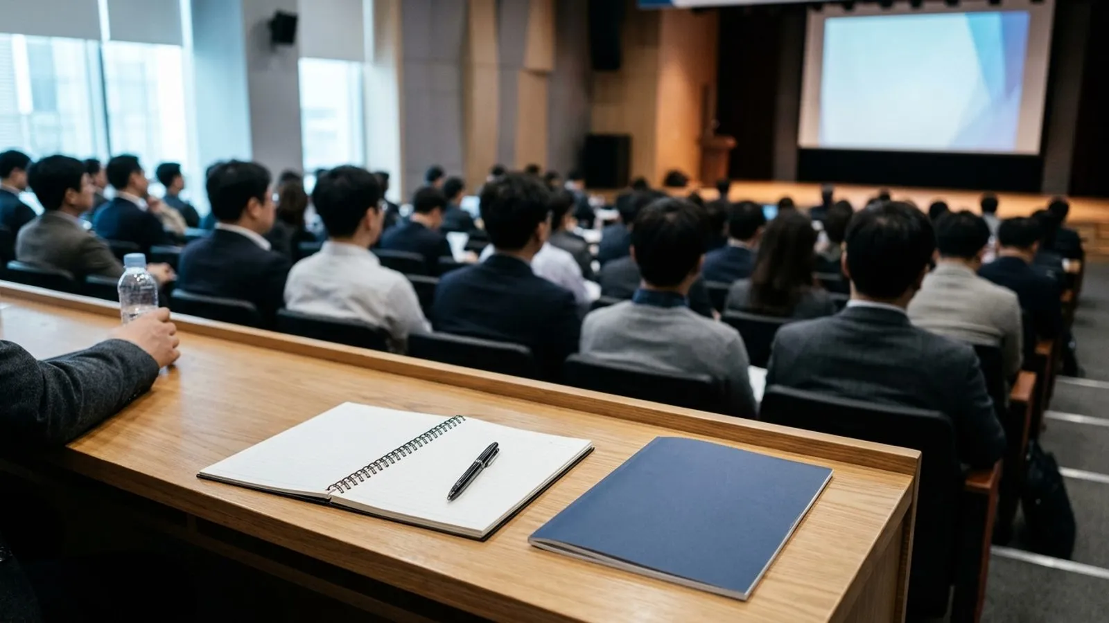 세미나실 책상 위 필기도구와 자료집 뒤로 워크숍에 참석한 사람들의 뒷모습이 흐리게 보이는 장면