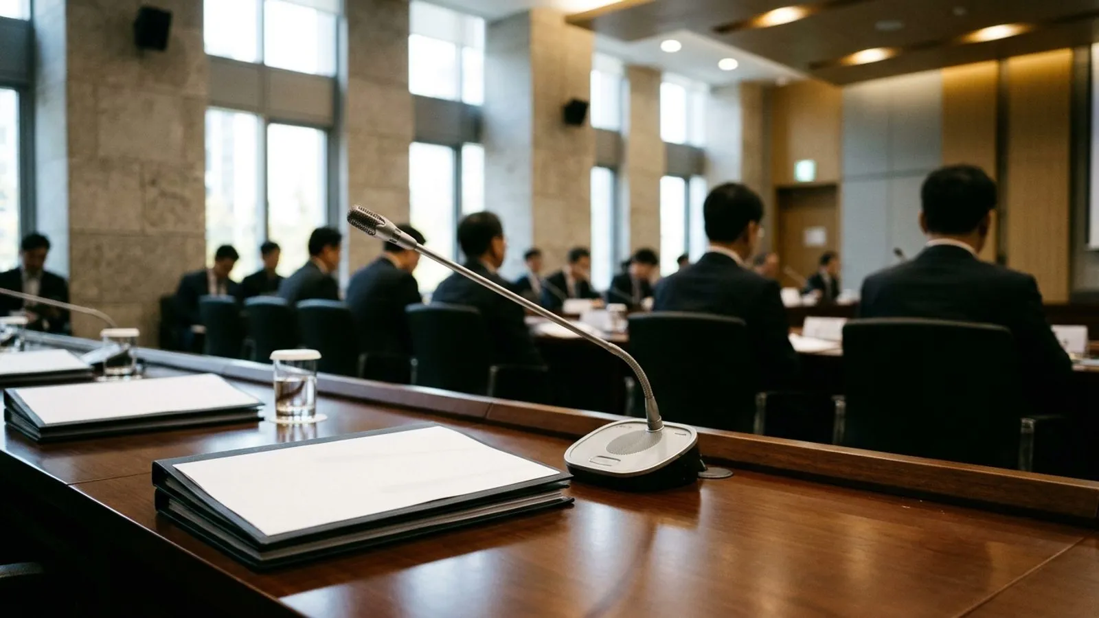 회의실 탁자 위에 놓인 마이크와 서류철, 그리고 배경에 흐릿하게 보이는 회의 참석자들의 뒷모습