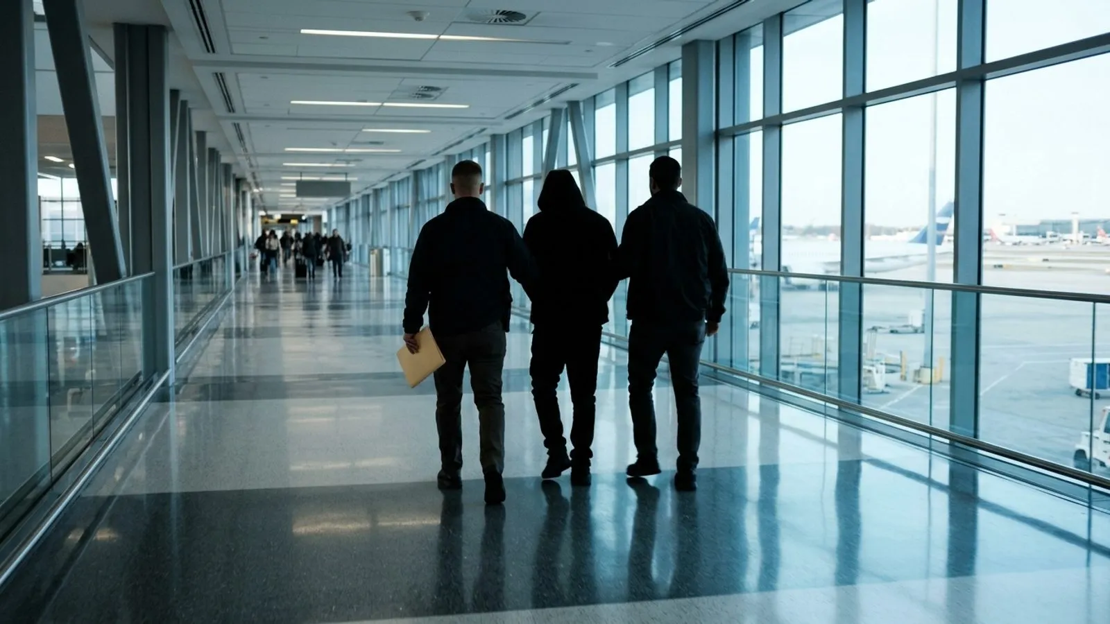 공항 통로에서 사복 수사관들이 대상자를 호송하며 걸어가는 뒷모습을 담은 보도사진.