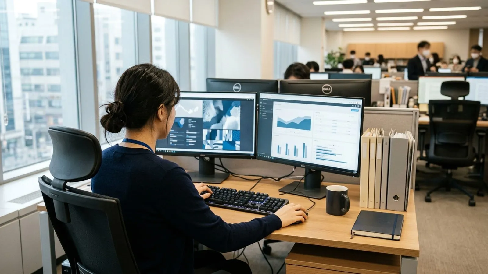 정부 청사 사무실에서 공무원이 듀얼 모니터와 컴퓨터를 보며 업무를 수행하고 있는 뒷모습.