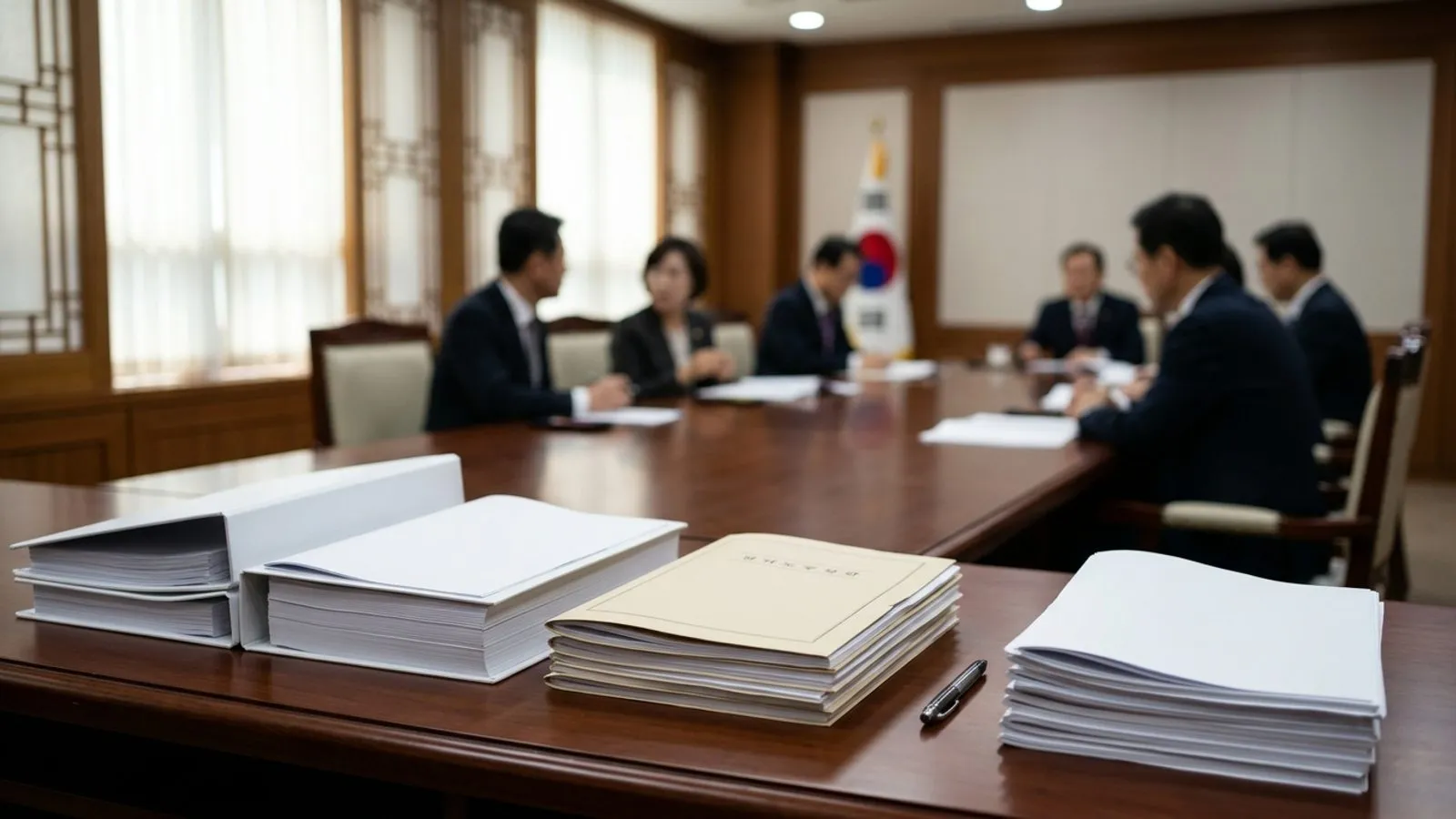 지자체 회의실의 원목 테이블 위에 정돈된 공문서 철과 필기구, 흐릿하게 보이는 회의 참석자들의 모습
