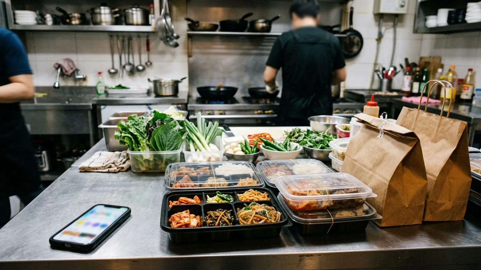 식당 카운터 위에 놓인 배달 포장 용기들과 스마트폰, 식재료가 있는 모습