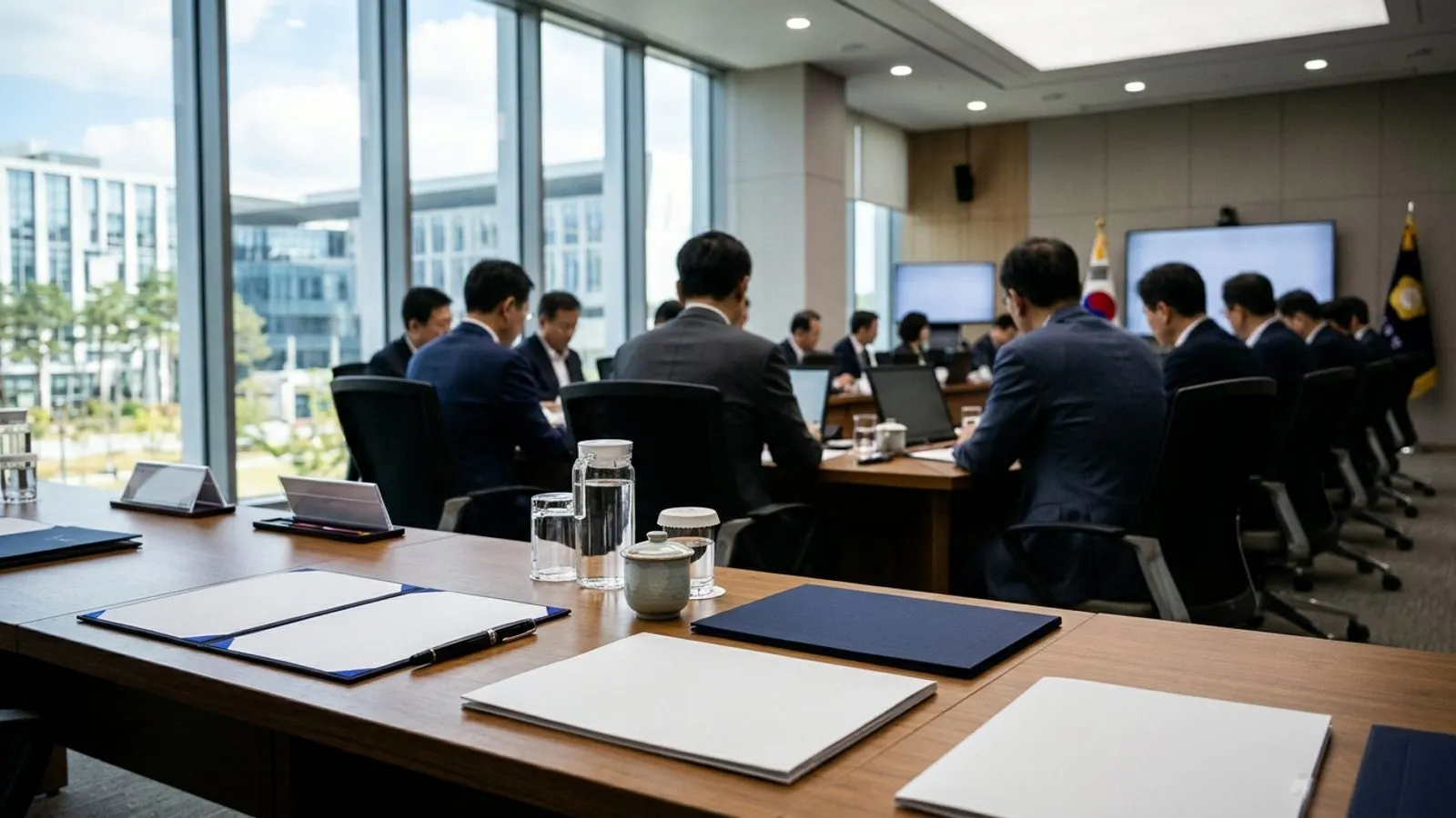 정부 회의실 회의 탁자 위에 놓인 정책 서류철과 회의에 참석한 공무원들의 뒷모습
