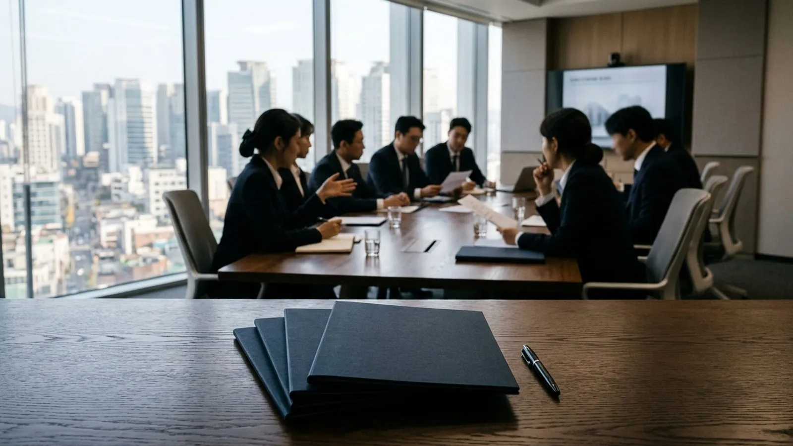 회의실 테이블 위에 놓인 서류철과 창밖 도심 빌딩을 배경으로 회의 중인 참석자들의 실루엣