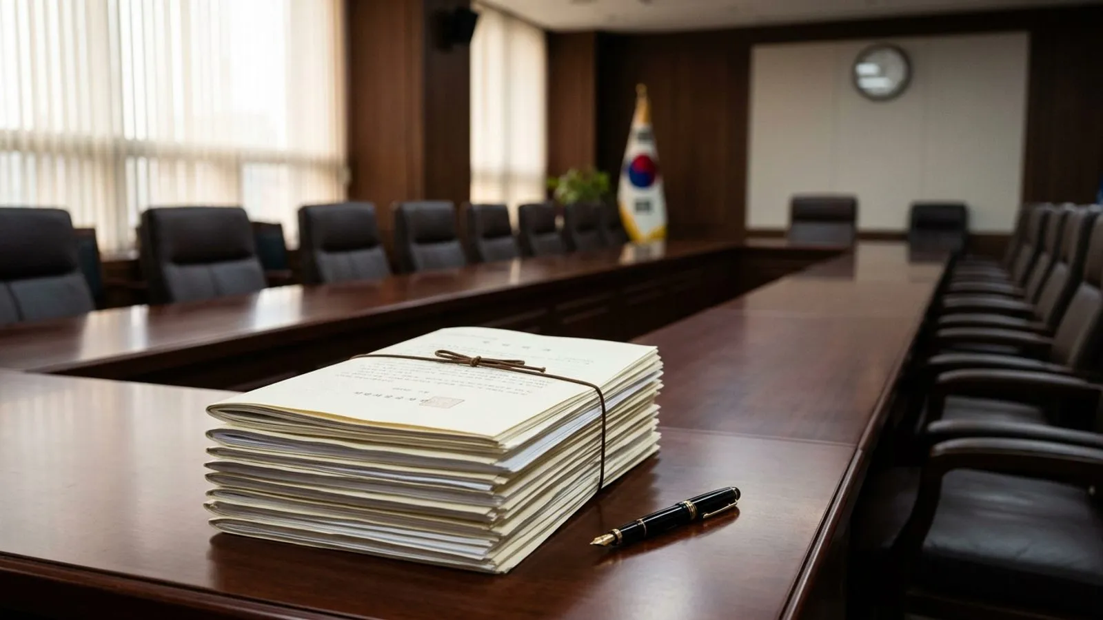 햇빛이 드는 회의실 짙은 목제 탁자 위에 서류철과 만년필이 가지런히 놓여 있는 모습