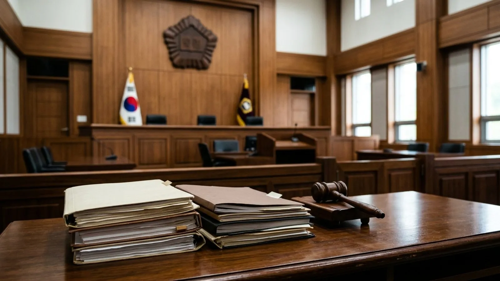 엄숙한 법정 내부 책상 위에 놓인 두꺼운 재판 기록 서류 뭉치와 판사봉