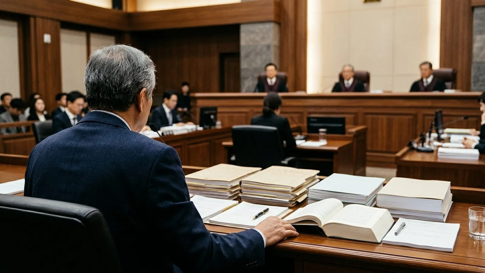 변호인석에 놓인 두꺼운 재판 서류철 너머로 헌법재판정의 높은 법관 좌석이 흐릿하게 보이는 실내 모습