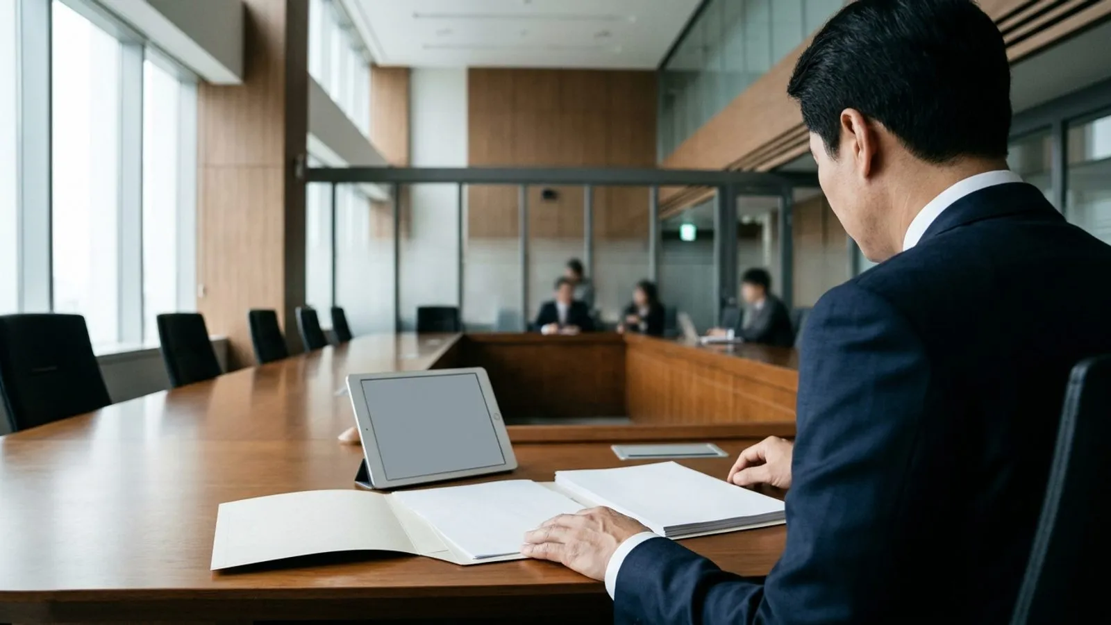 정부 회의실 책상 위에 펼쳐진 서류를 검토하는 정장 차림 관계자의 모습