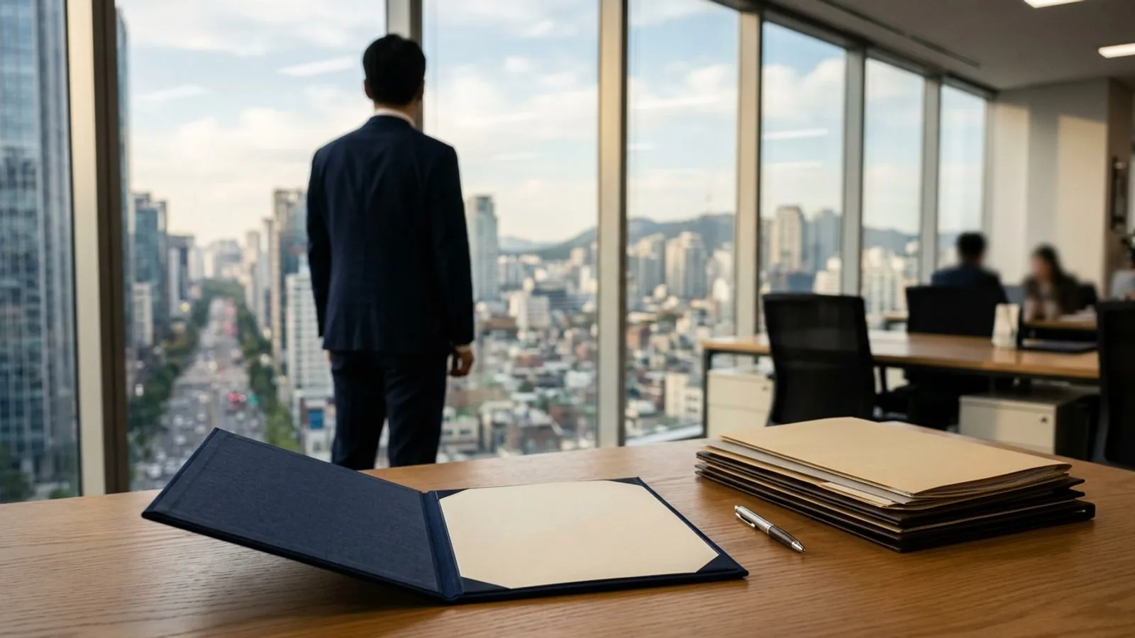 사무실 책상 위에 놓인 서류철과 증서용 케이스, 창밖을 바라보는 회사원의 뒷모습
