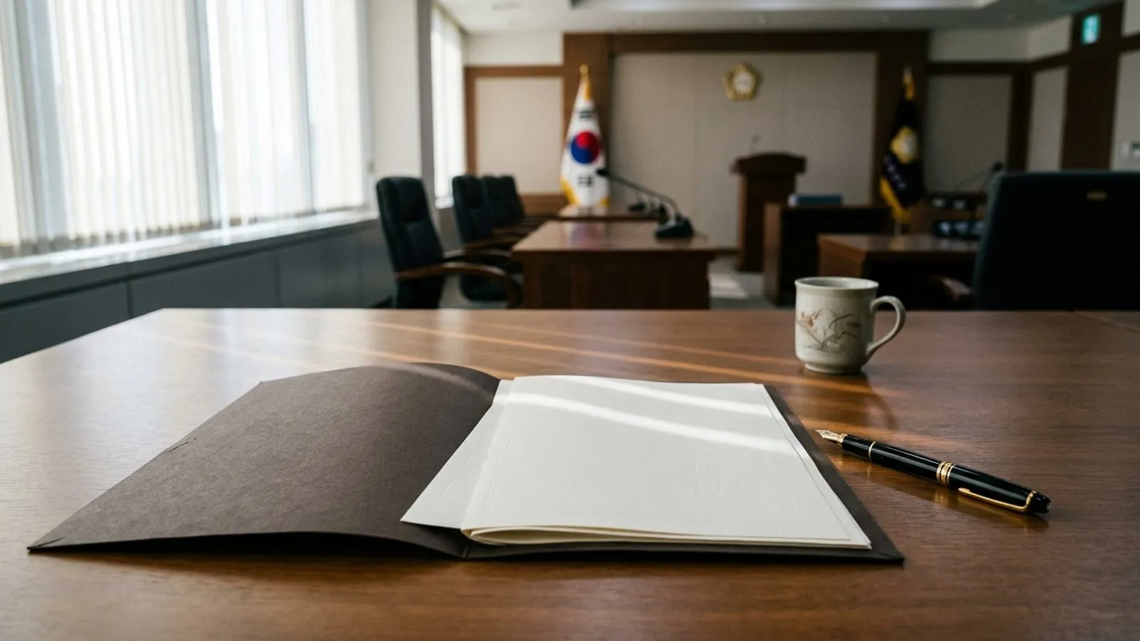 정부 청사 회의실의 짙은 원목 책상 위에 놓인 공문서 서류철과 만년필, 창문 블라인드로 들어오는 자연광