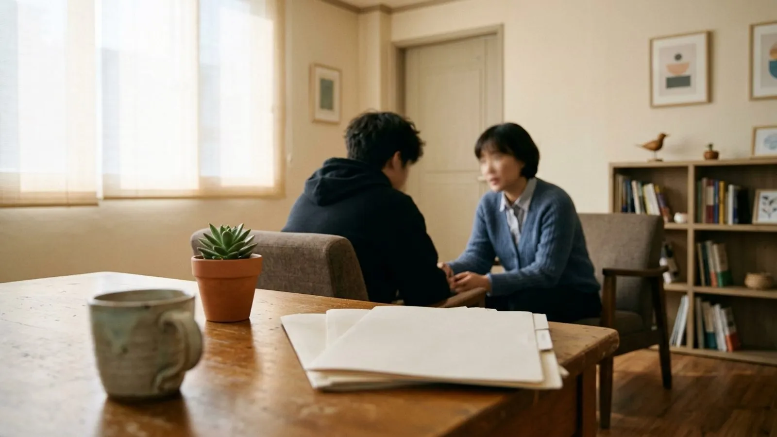 햇살이 은은하게 들어오는 상담실 테이블 위 따뜻한 차와 서류, 대화를 나누는 상담원과 청소년의 흐릿한 뒷모습
