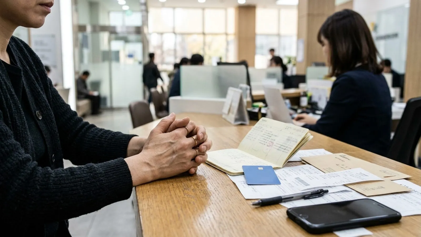 은행 창구에 계좌 관련 증빙 서류와 스마트폰을 올려놓고 손을 모으고 있는 고객의 모습