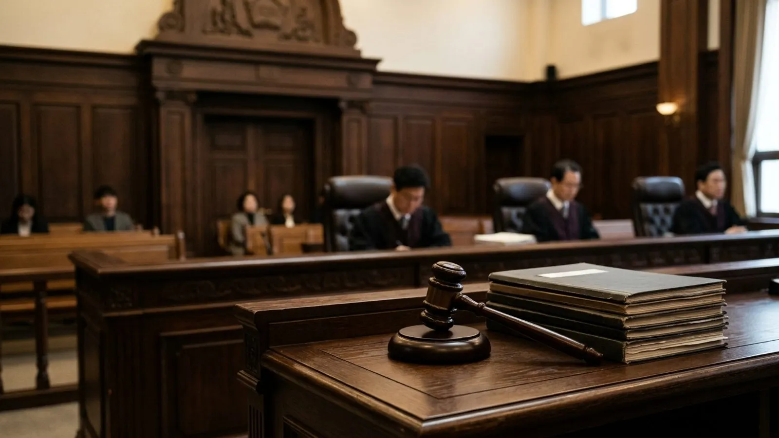 엄숙한 분위기의 법정 내 판사석에 놓인 법봉과 두꺼운 재판 서류철