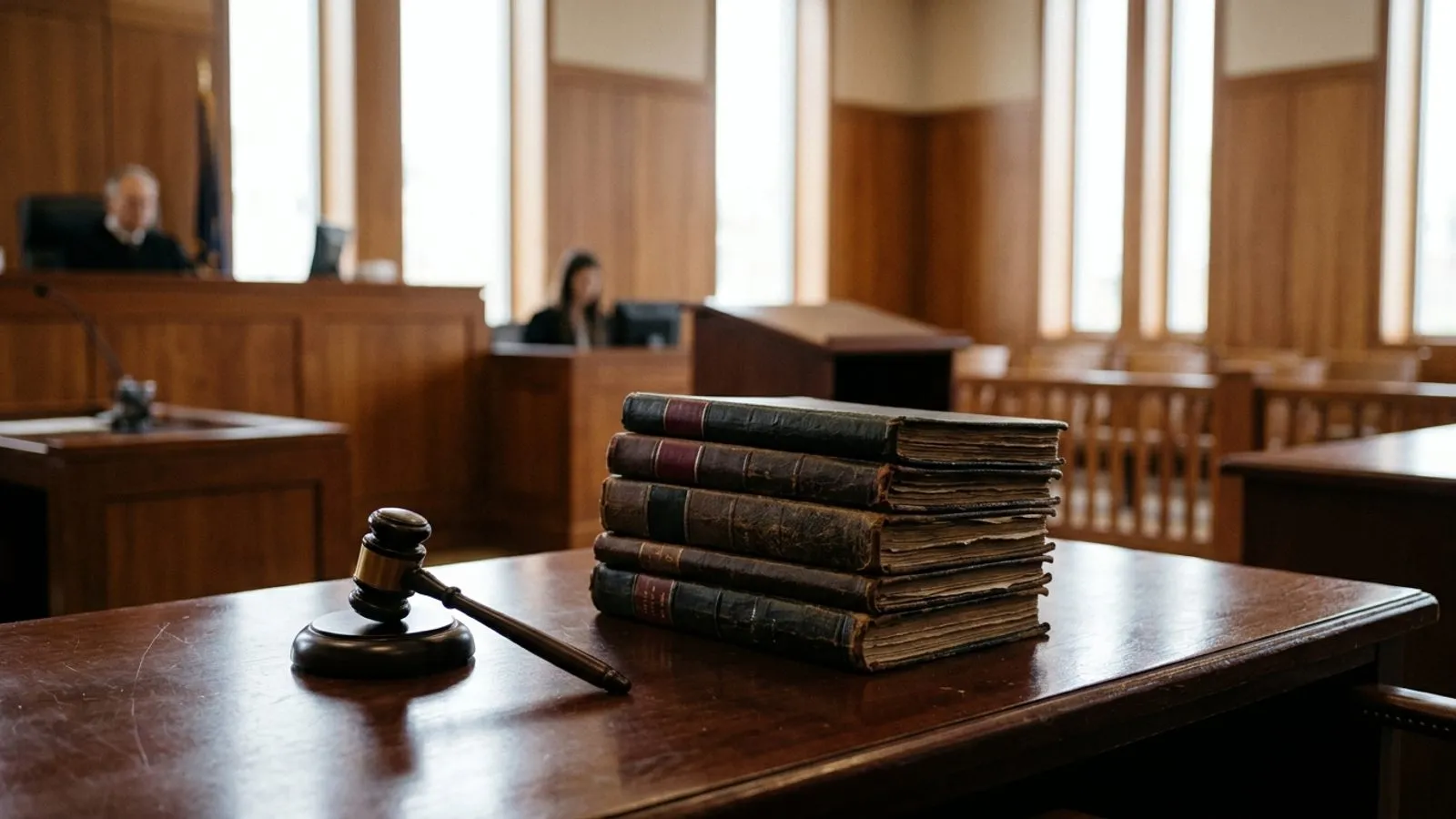 엄숙한 분위기의 법정 안 짙은 원목 책상 위에 놓인 법봉과 두꺼운 소송 기록 서류 묶음
